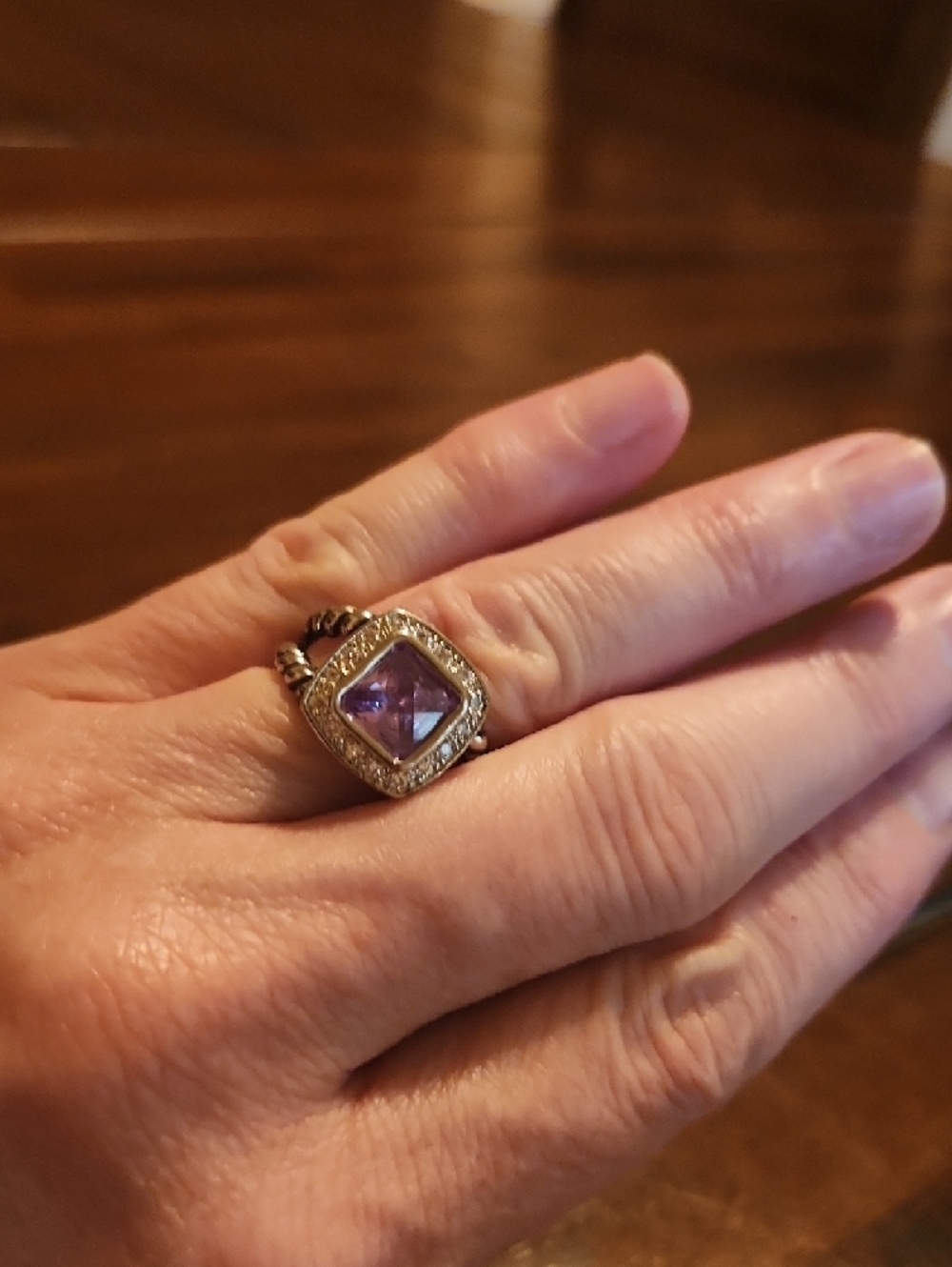 NWOT Amethyst Colored Stone Silver Antique Finished Halo Ring W/ Cubic Zirconia - Picture 8 of 8